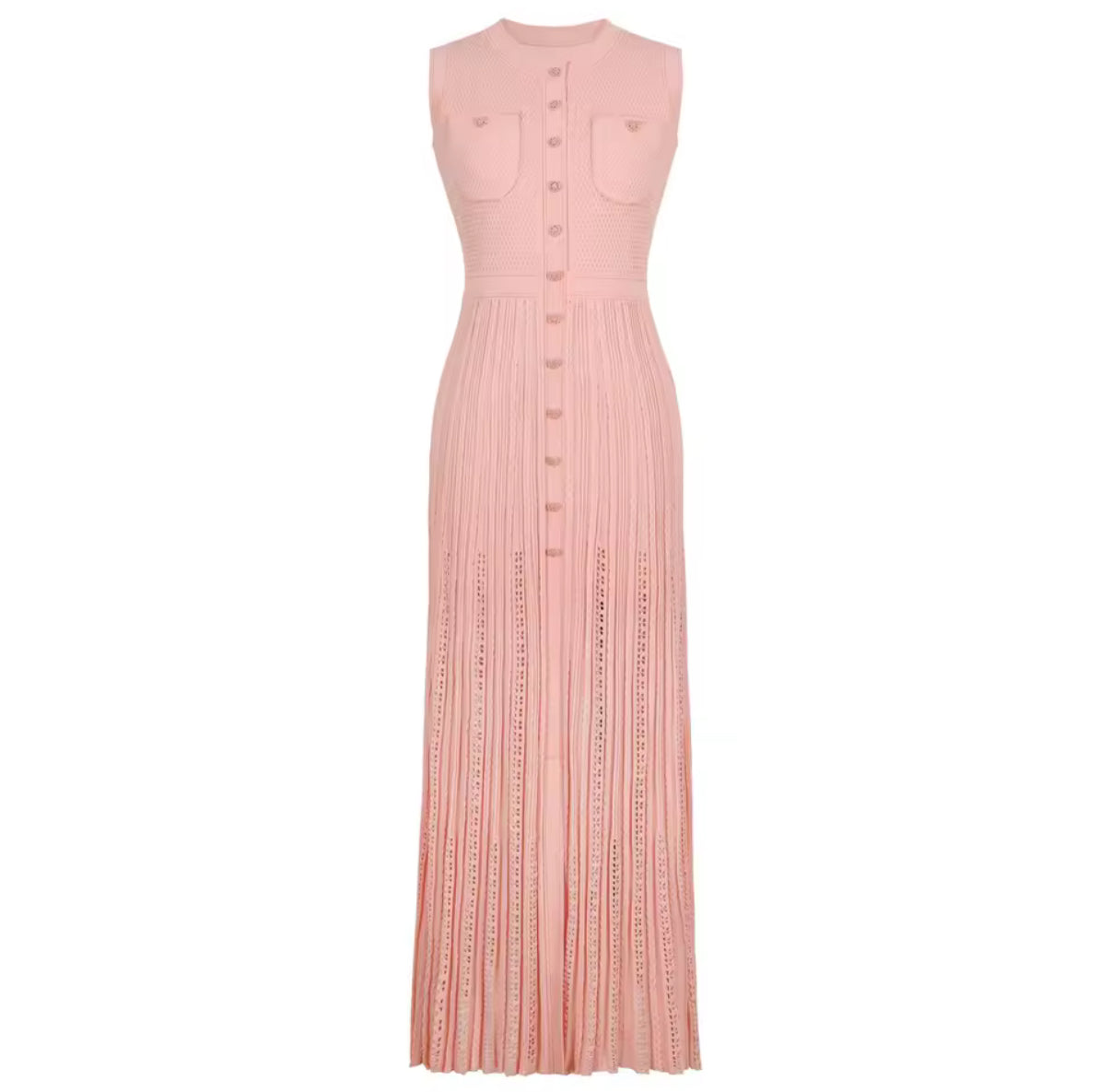 Longline Dress with Intricate Lace Panels and Decorative Buttons