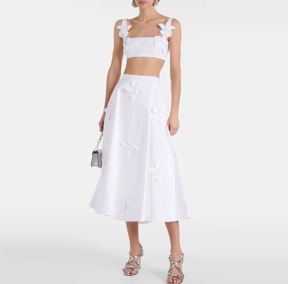 White 3D Floral Crop Top & Maxi Skirt Set