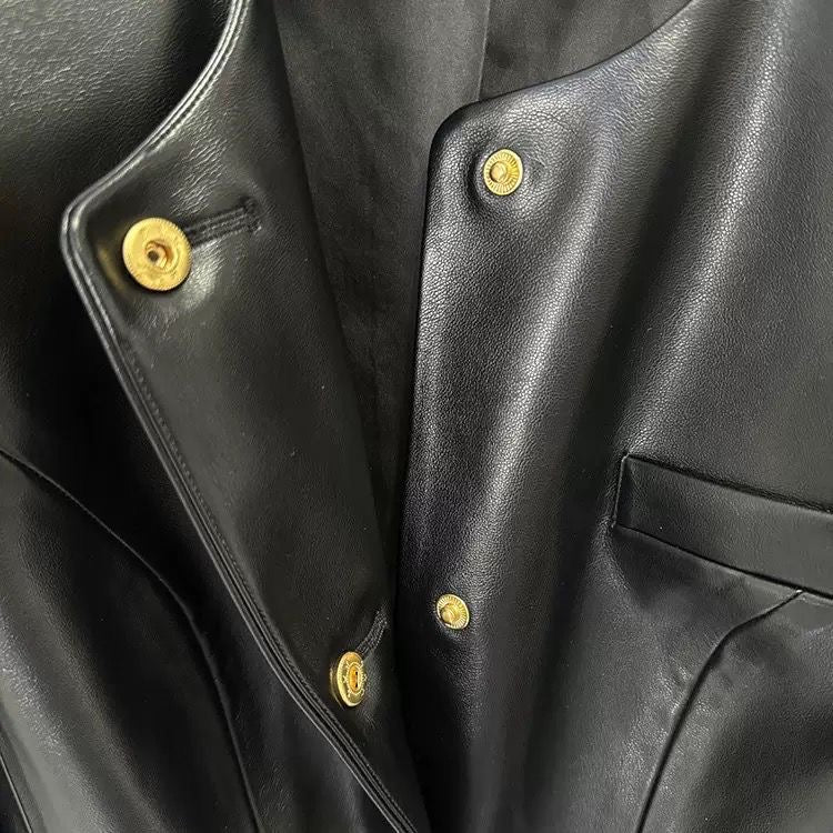 Sculpted Luxe Leather Blazer with Gold Medallion Buttons