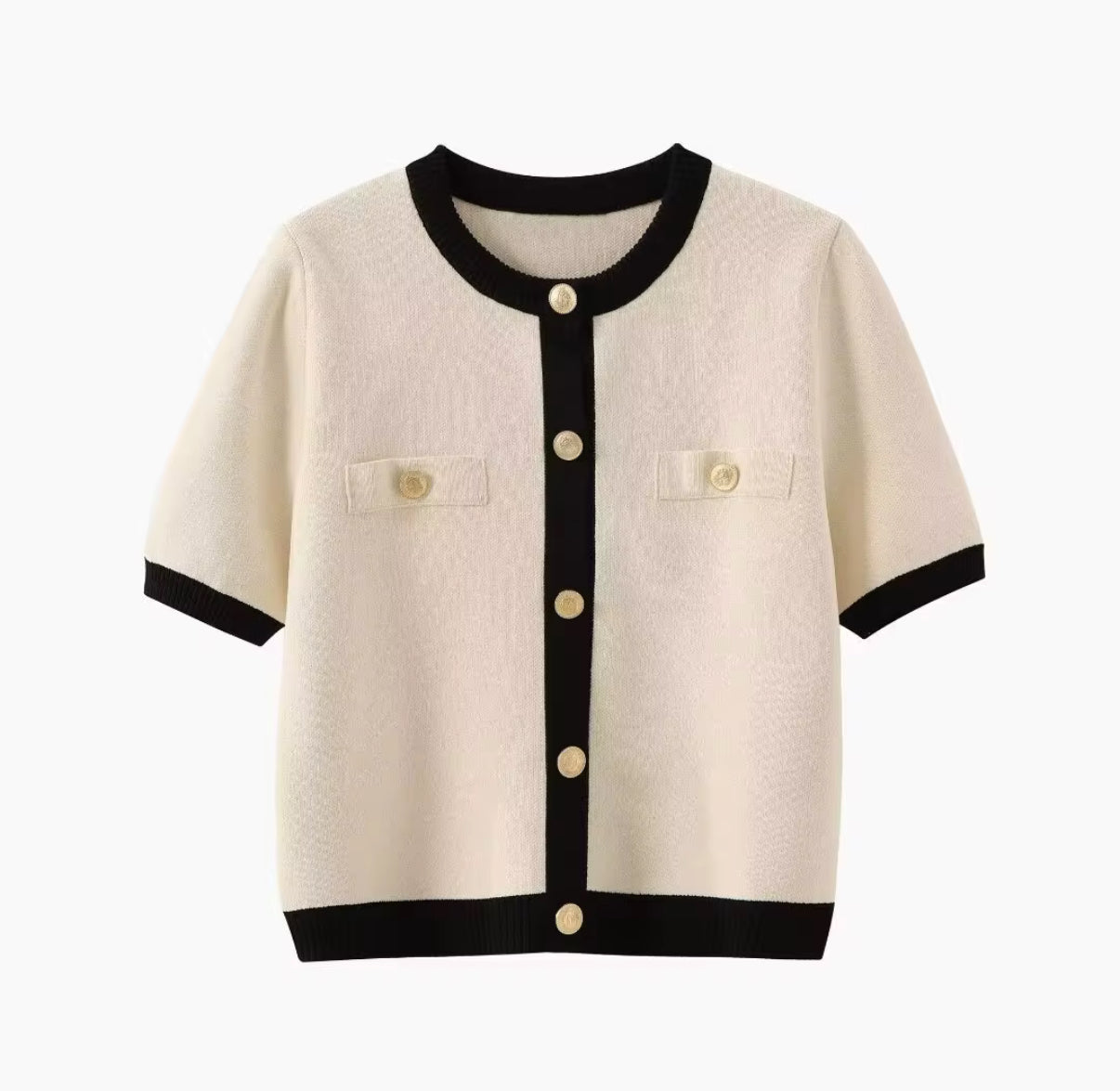 Short-Sleeve Knit Cardigan with Contrast Trim and Gold Buttons