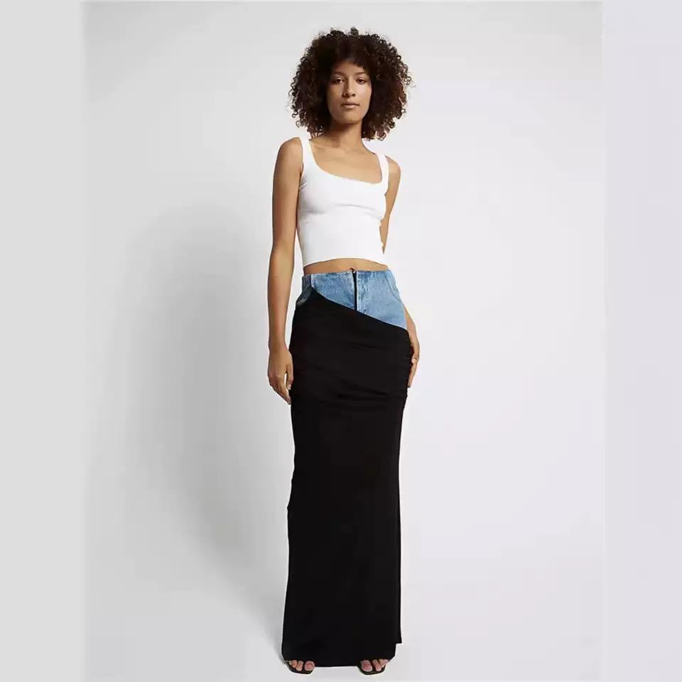 Dual Essence Draped Denim Maxi Skirt