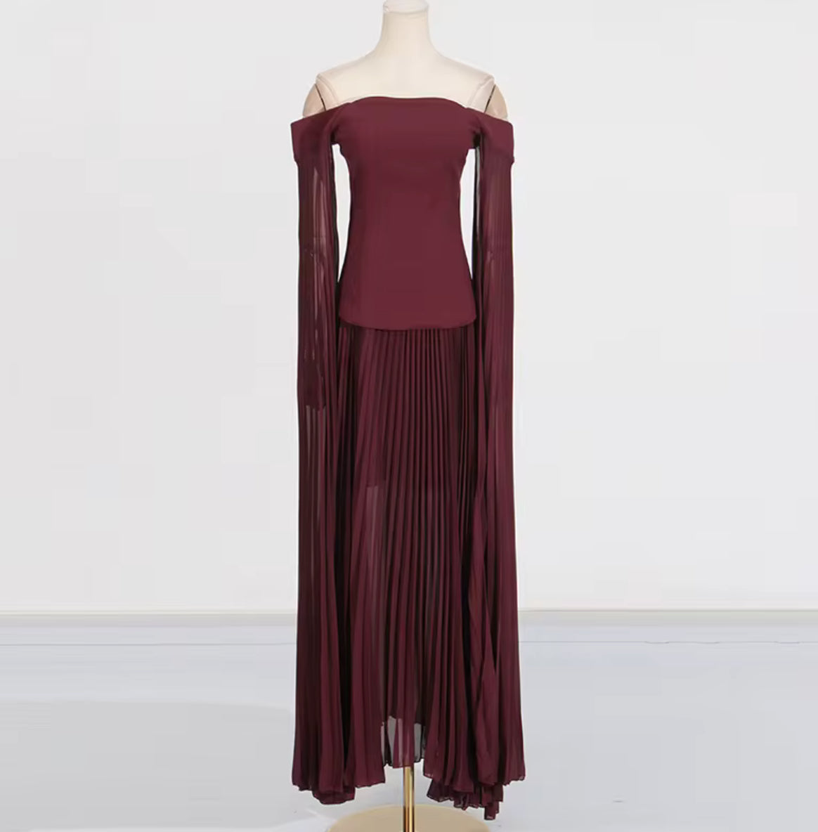off-shoulder burgundy dress