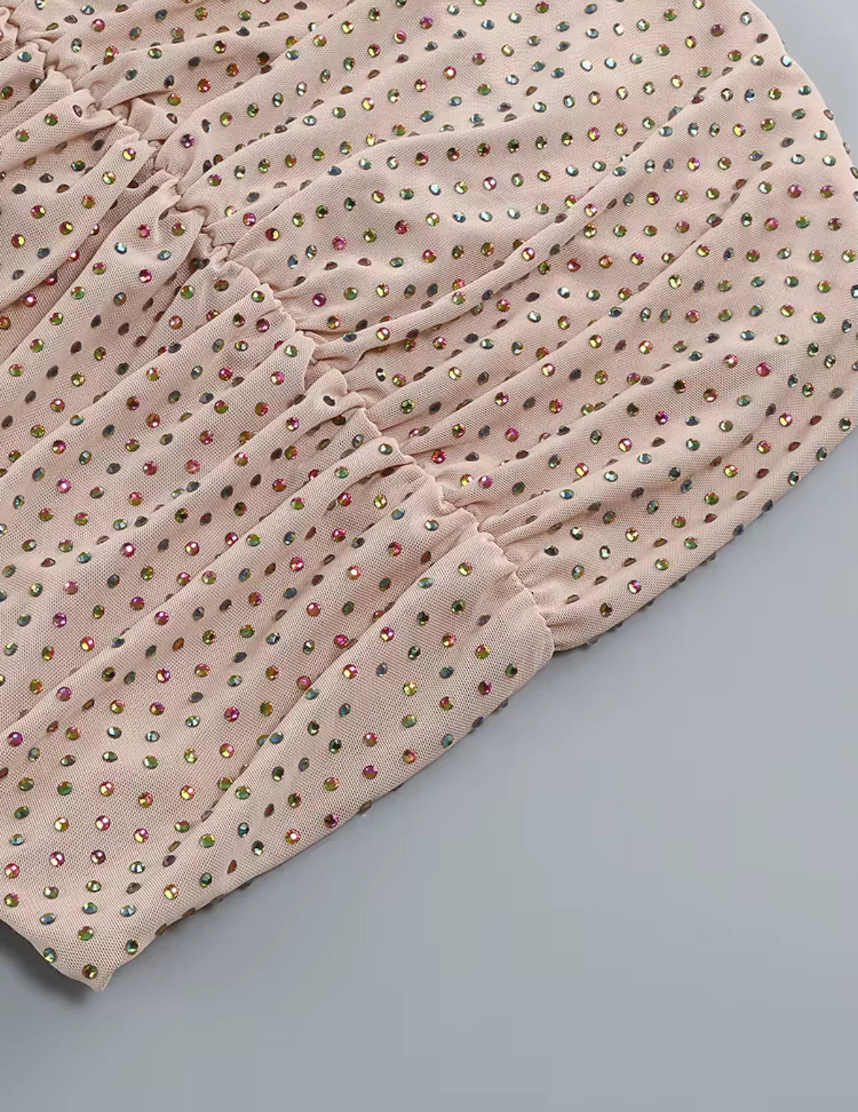 Nude Crystal Embellished Mini Dress with Floral Waist Detail