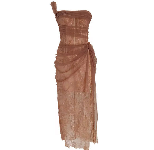 sheer mesh corset dress with draped overlay