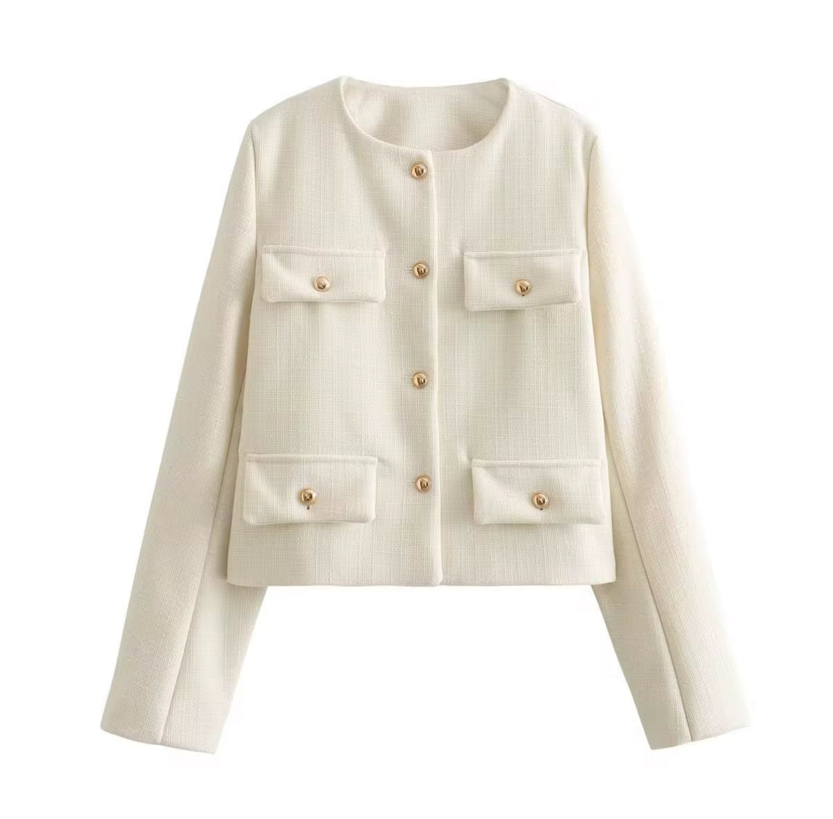 Cropped Tweed-Inspired Jacket with Gold Button Accents