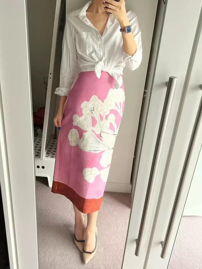 Blossom Print Satin Midi Skirt with Rust Hem