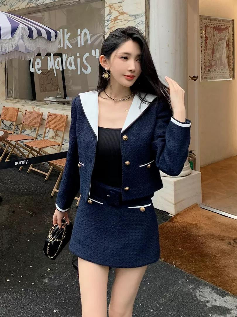 Navy Contrast Collar Tweed Skirt Set