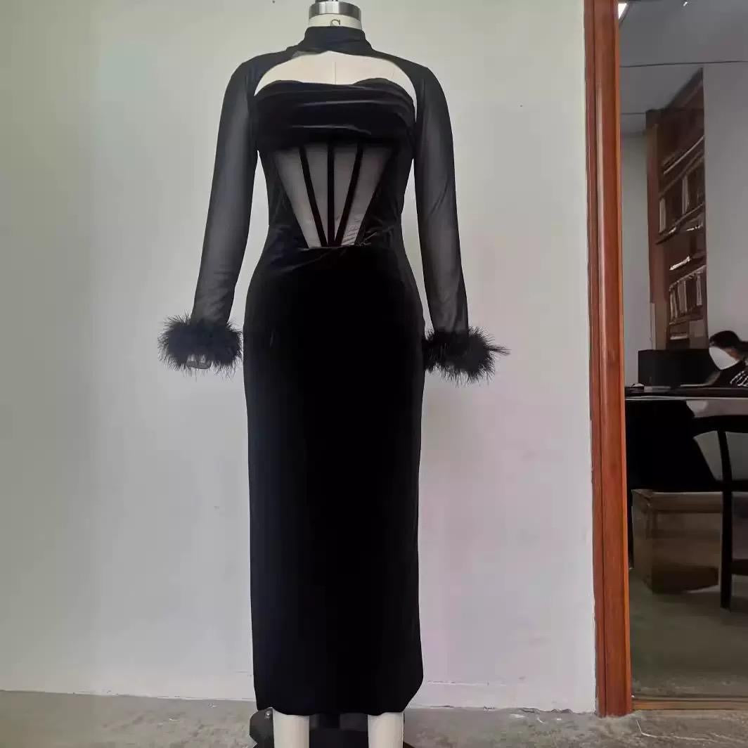 Velvet Corset Maxi Dress with Sheer Sleeves & Feather Cuffs