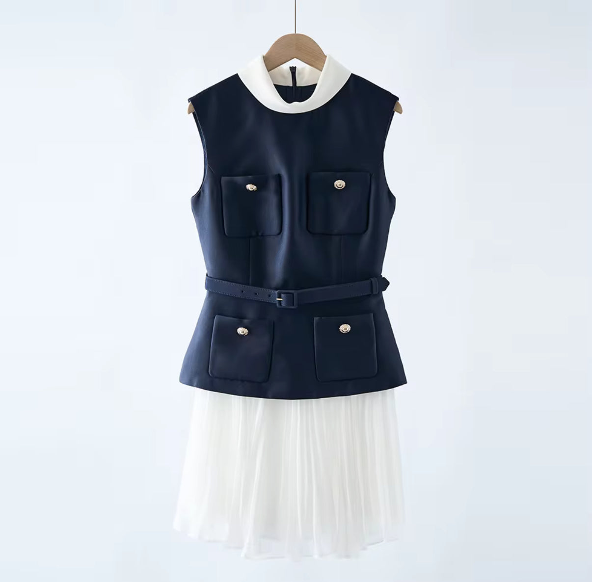 Navy Luxe Pleated Mini Dress