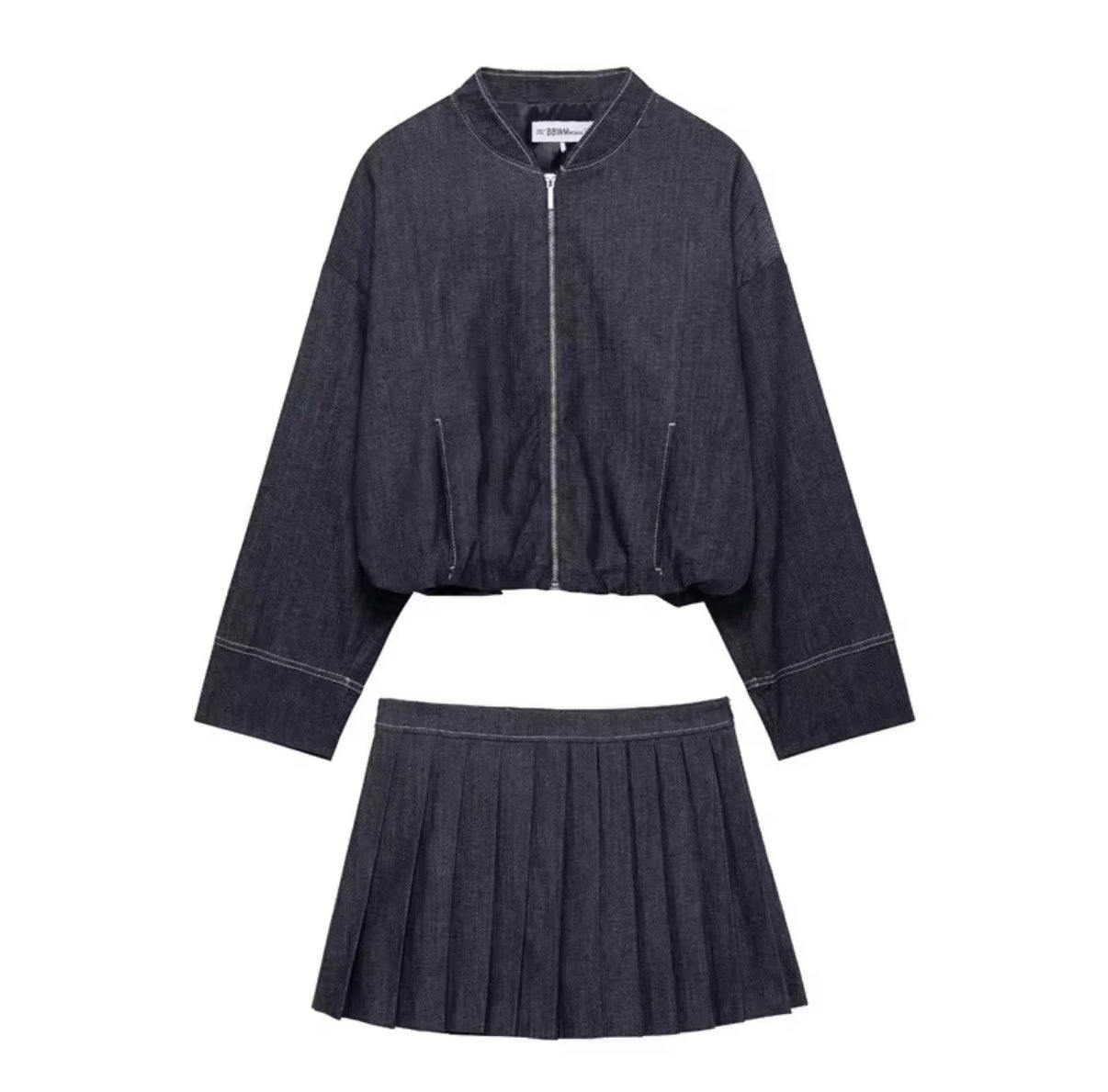 Denim Chic Two-Piece Set with Pleated Mini Skirt