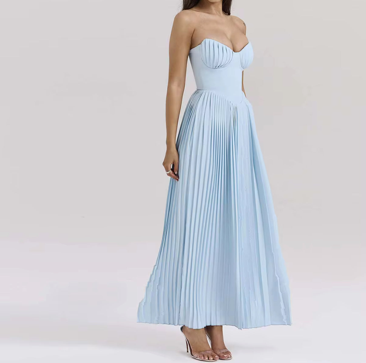 Strapless Baby Blue Pleated Maxi Dress