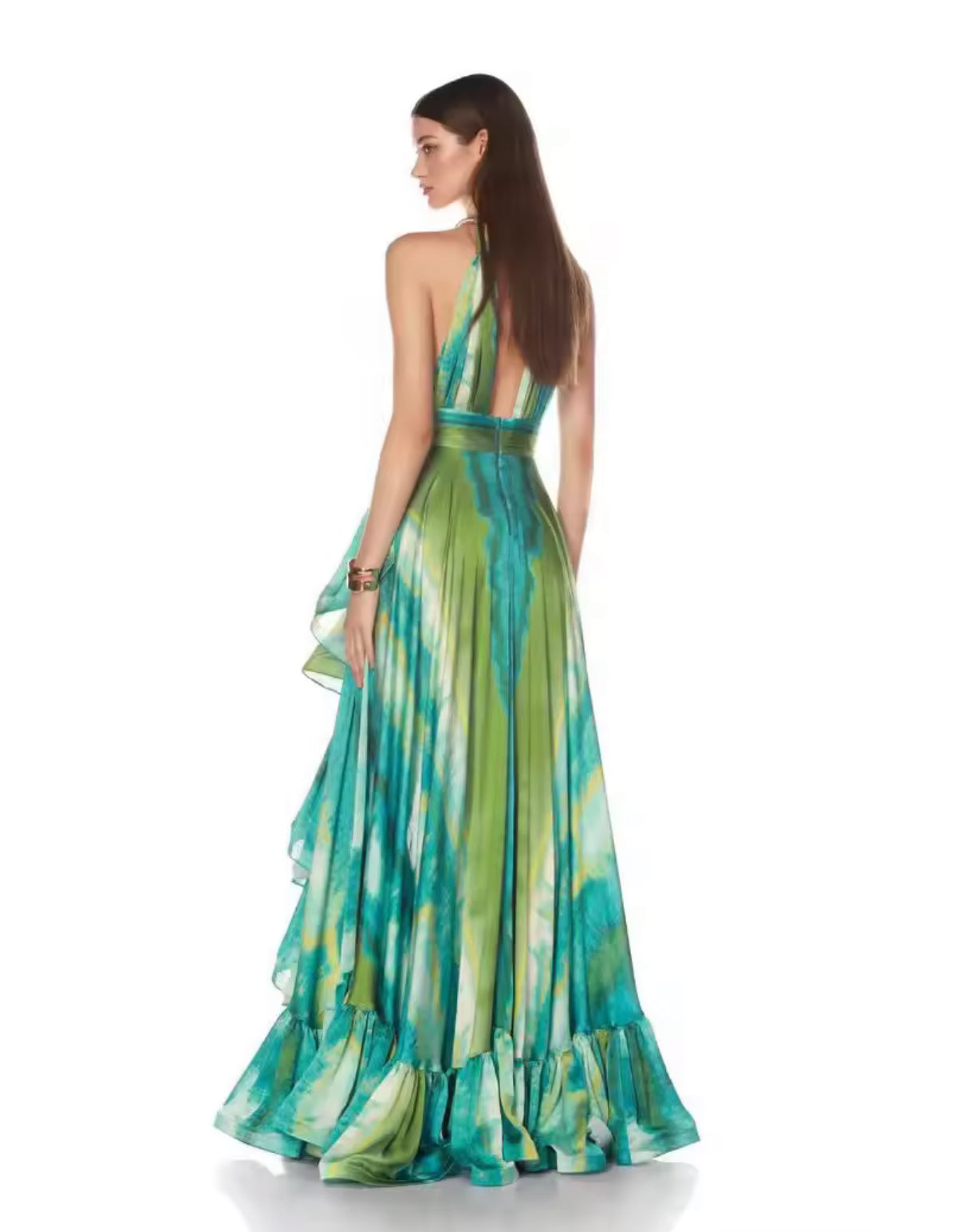 Green maxi dress with open back and cascading ruffles