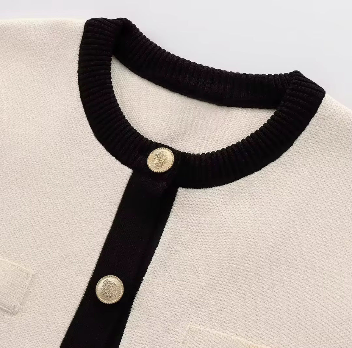 Short-Sleeve Knit Cardigan with Contrast Trim and Gold Buttons