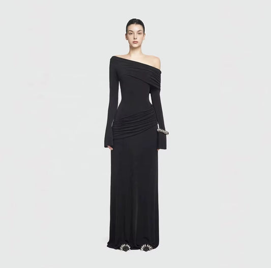 Black One-Shoulder Maxi Dress with Draped Detailing