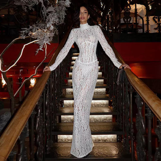 Serena Lace Maxi – Elegant High-Neck Sheer dress