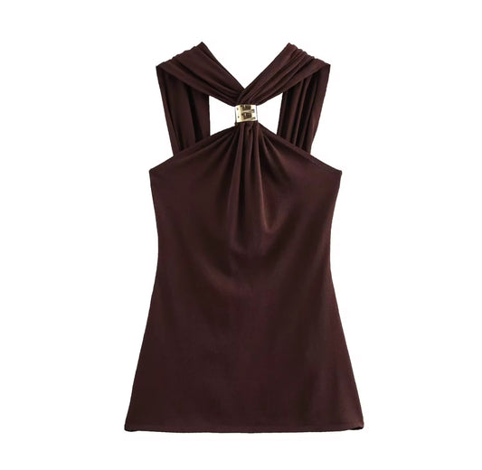 Elegant Halter Neck Top with Metallic Clasp Finish