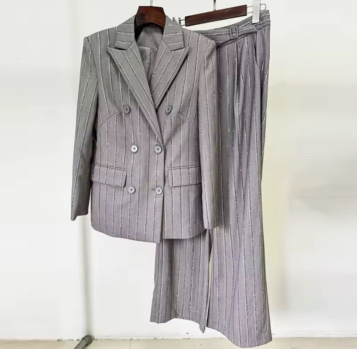 Metallic Silver Pinstripe Pantsuit