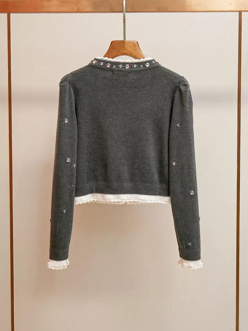 Embellished Wool Cardigan with Crystal Floral Details and Lace Trim