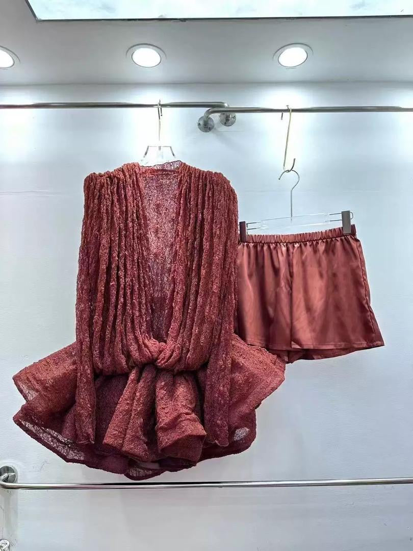 Sheer Long-Sleeve Mini Dress with Plunging Front and Draped Overlay