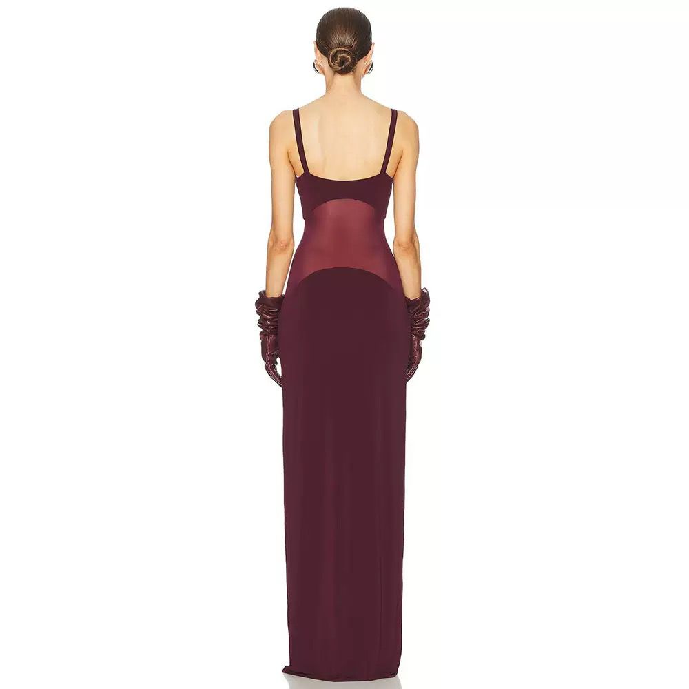 long fitted dress with mesh paneling