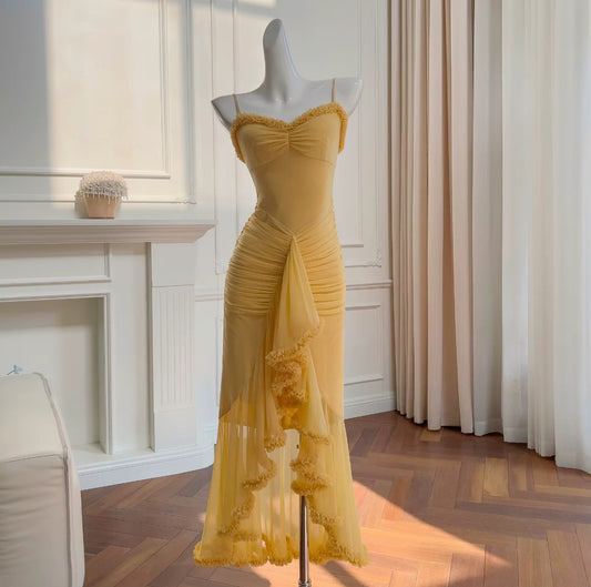 fitted mesh maxi dress with playful cascading ruffles