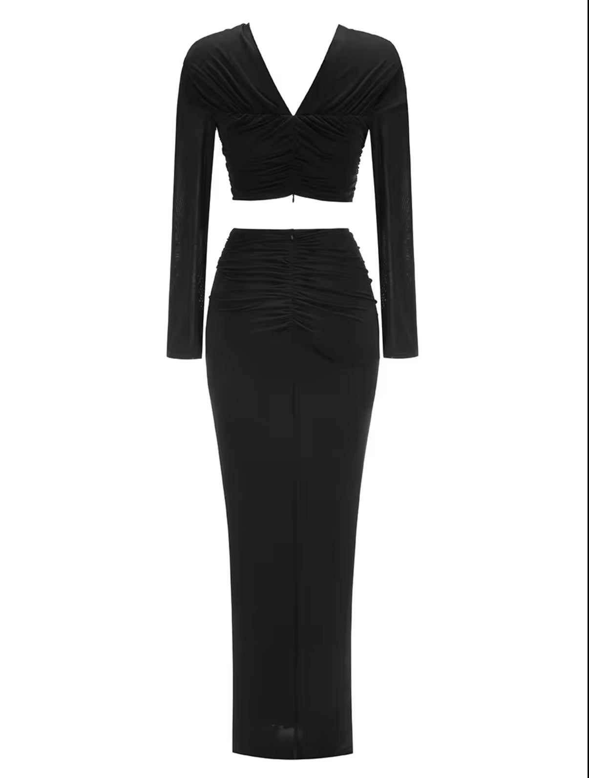 long sleeve maxi dress with twisted front & ruched detail