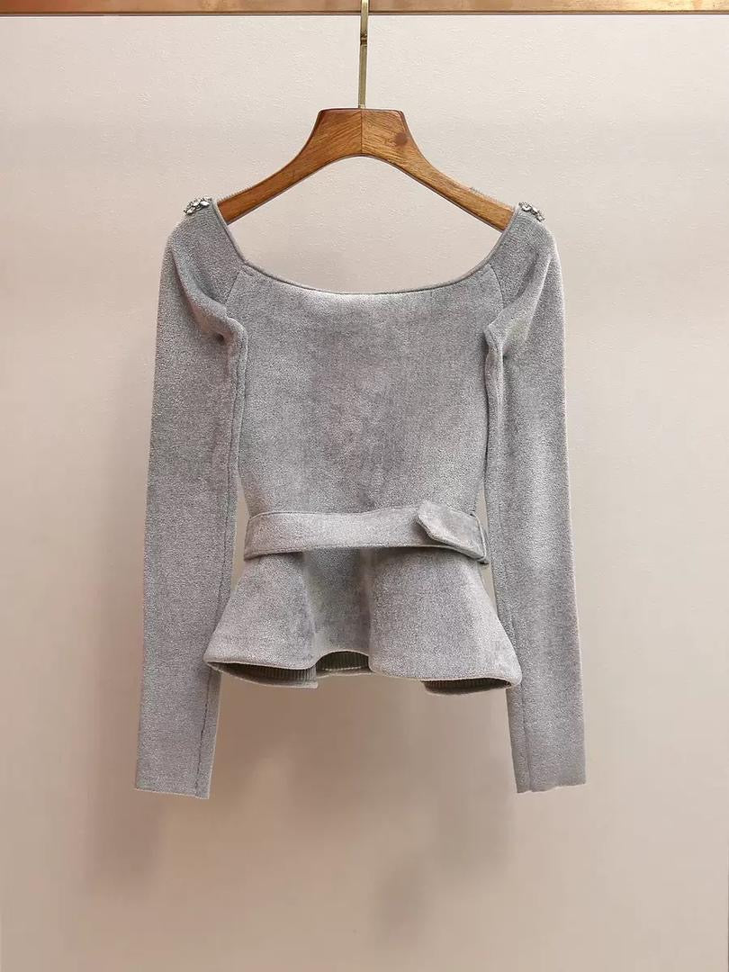 Embellished Velvet Belted Top with Crystal Detailing in Soft Silver