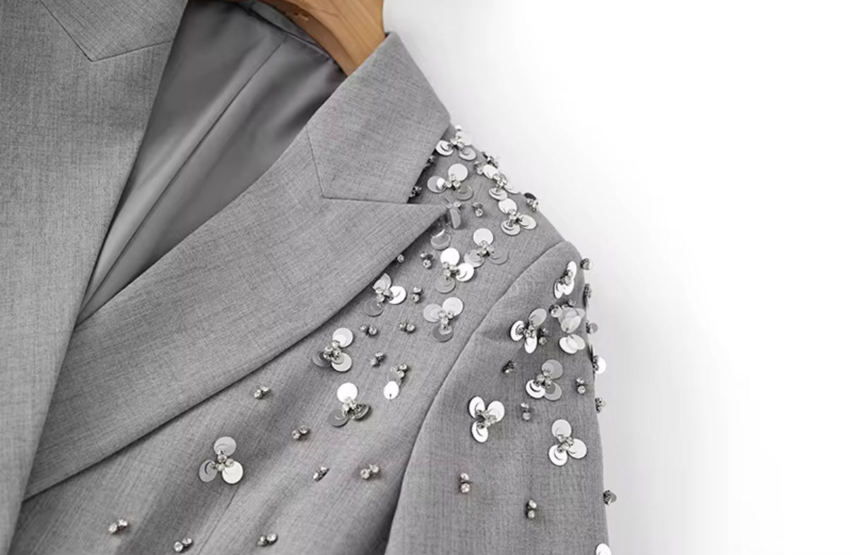 Gray Embellished Blazer & Mini Skirt Set