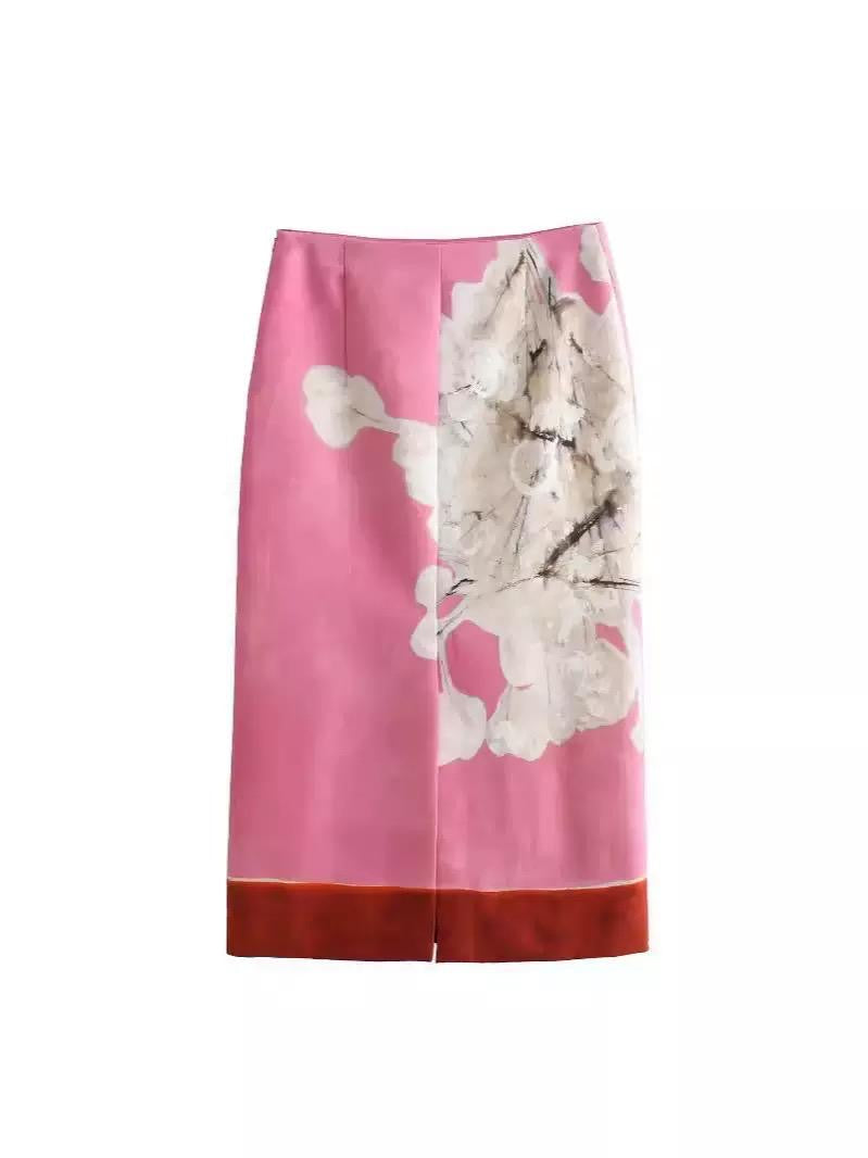 Blossom Print Satin Midi Skirt with Rust Hem