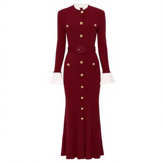 Knit Maxi Dress with Belted Waist and Gold Buttons