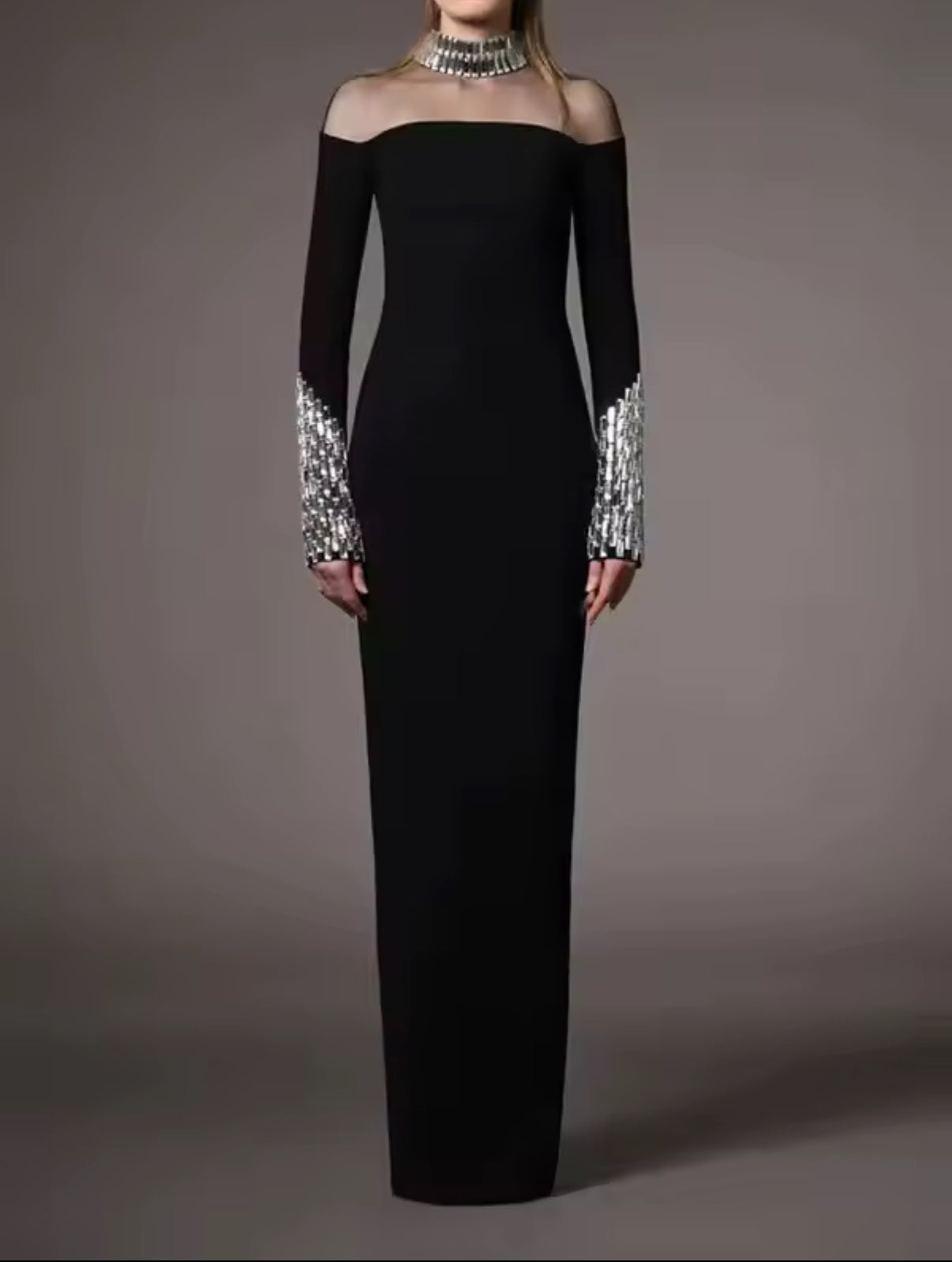 Black off-shoulder dress with crystal-embellished sleeves