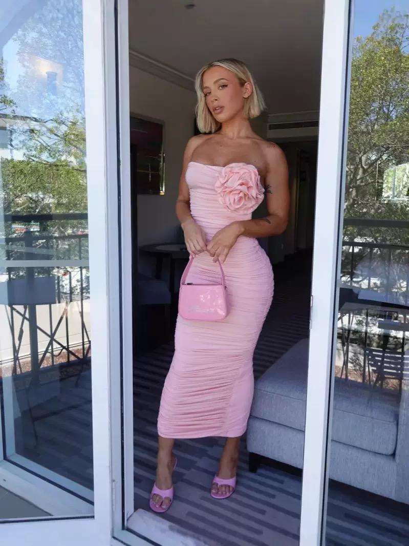 Strapless Ruched Midi Dress with 3D Floral Detail