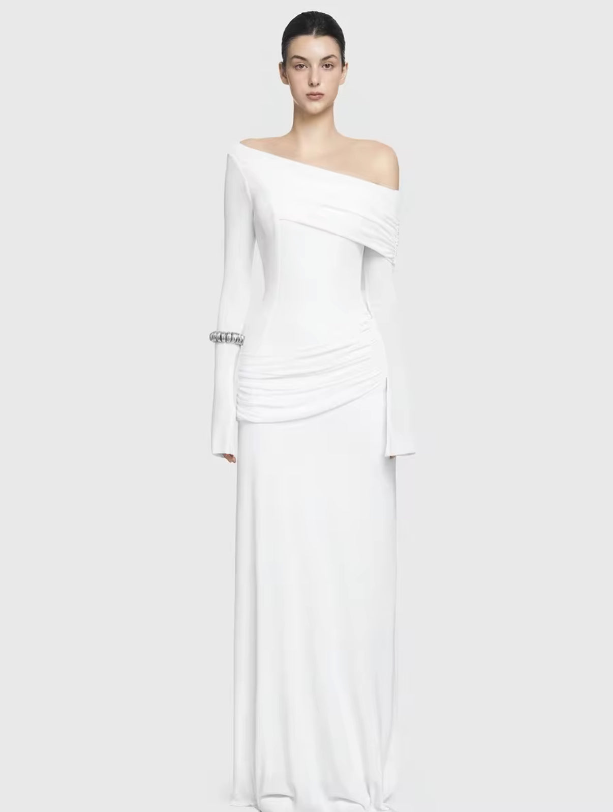 Black One-Shoulder Maxi Dress with Draped Detailing