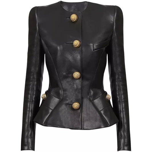 Sculpted Luxe Leather Blazer with Gold Medallion Buttons