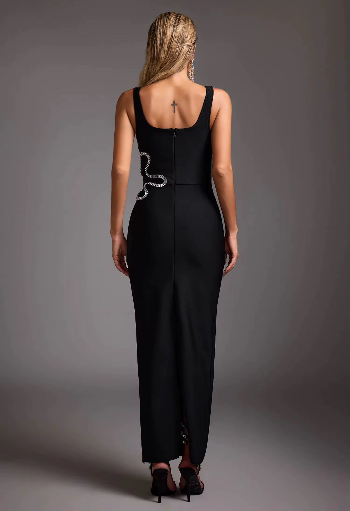 fitted maxi dress with crystal trim & sheer cut-out