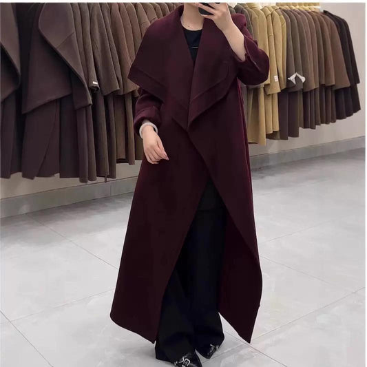 Long Wrap Wool Coat with Cascading Folded Collar