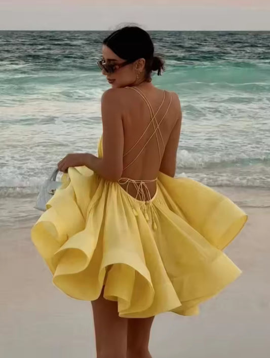 Golden breeze backless mini dress