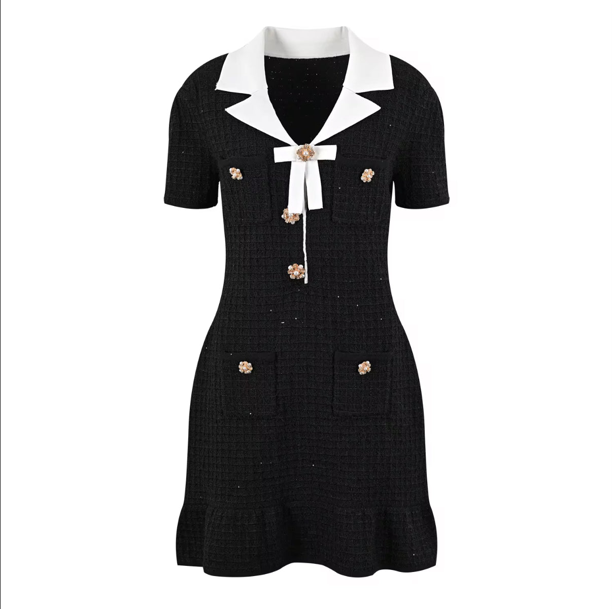 short-sleeve dress with white lapel & bow detail
