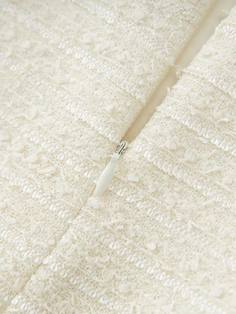 Crystal-Trim Cream Tweed Blazer & Mini Skirt Set