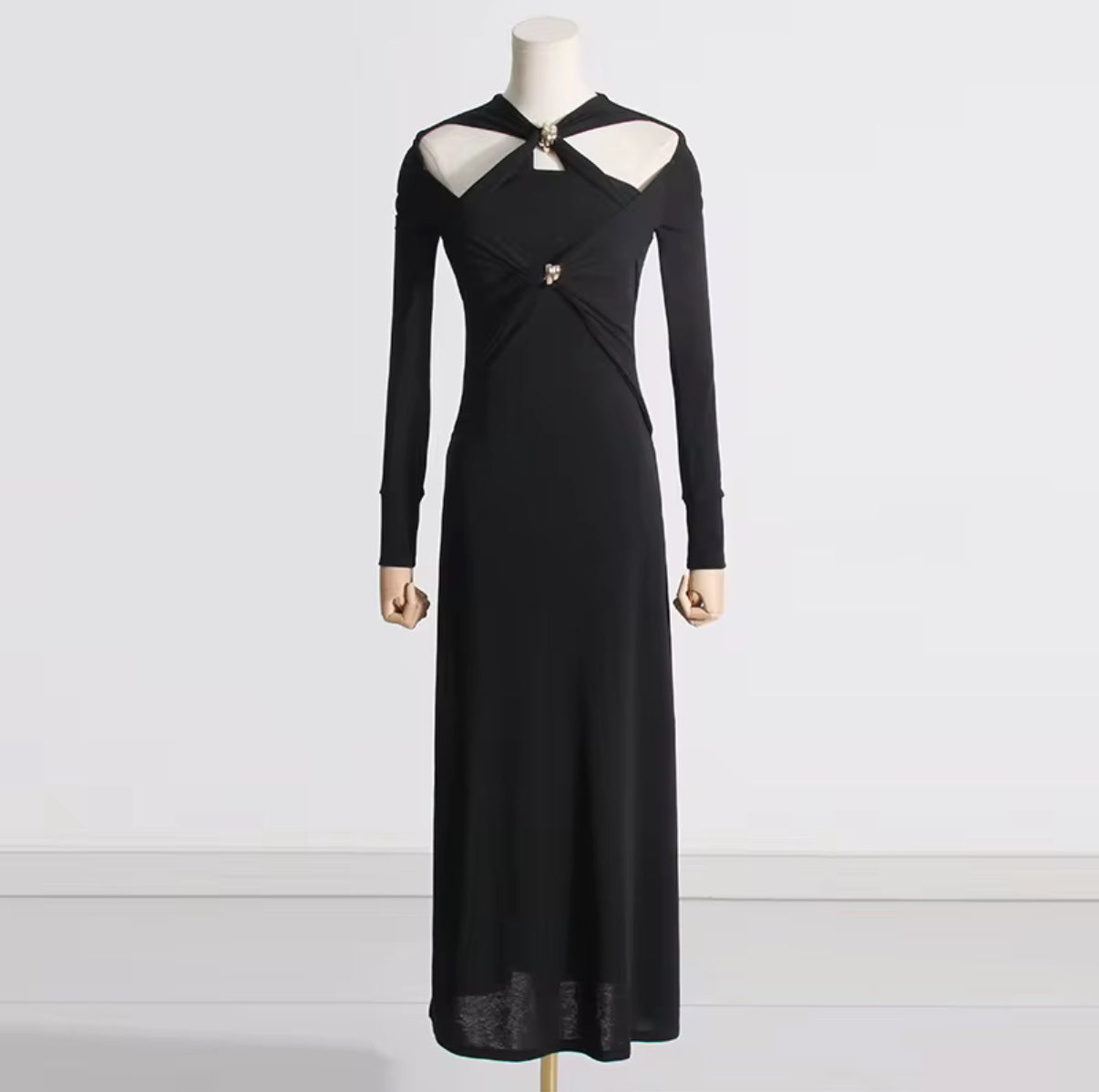 long sleeve dress with front cut-outs & jewel accents