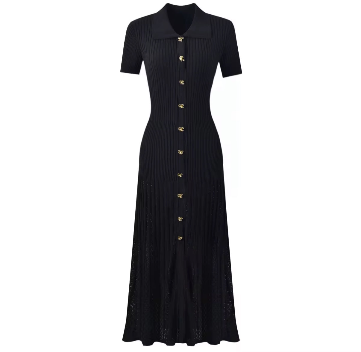 Elegant Ribbed Knit Maxi Dress with Gold Button Front