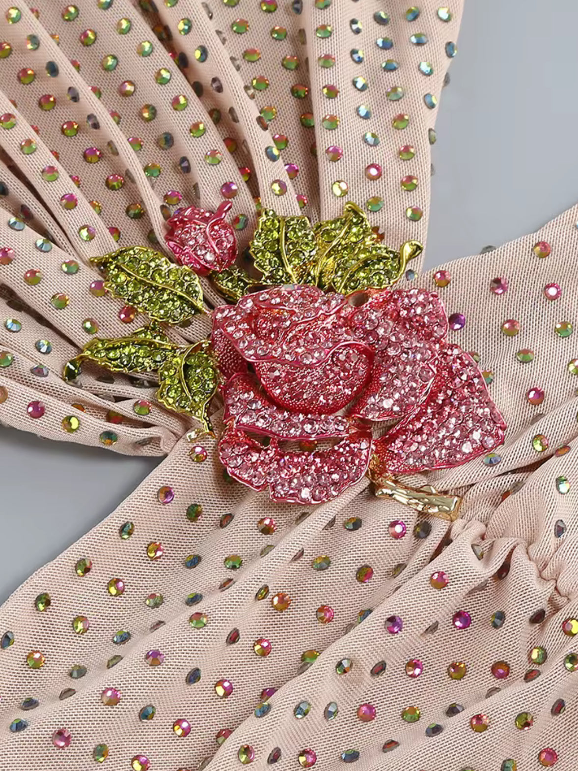 Nude Crystal Embellished Mini Dress with Floral Waist Detail