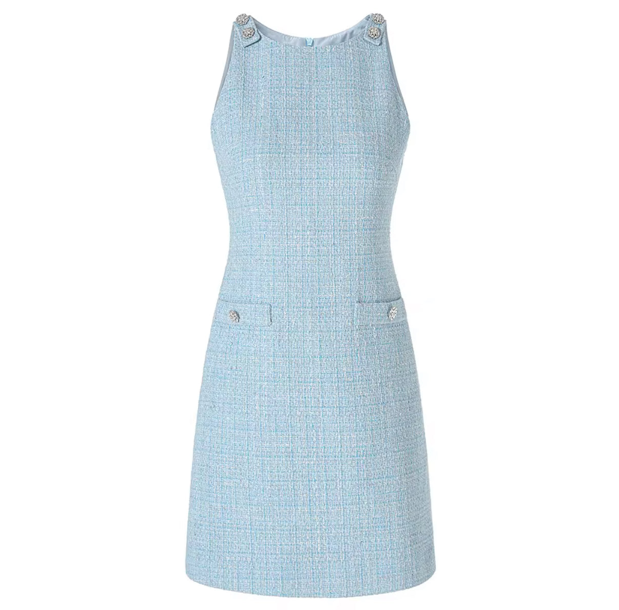 Baby blue tweed mini dress with crystal buttons