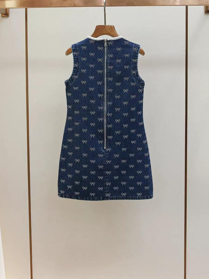 Crystal Bow Denim Mini Dress