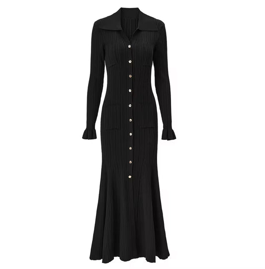 Collared Knit Maxi Dress with Pockets and Flared Hem