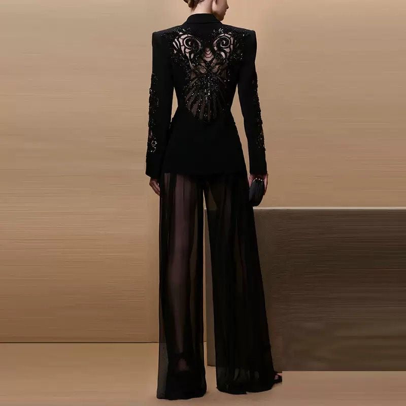 Black Embellished Blazer & Sheer Pants Set