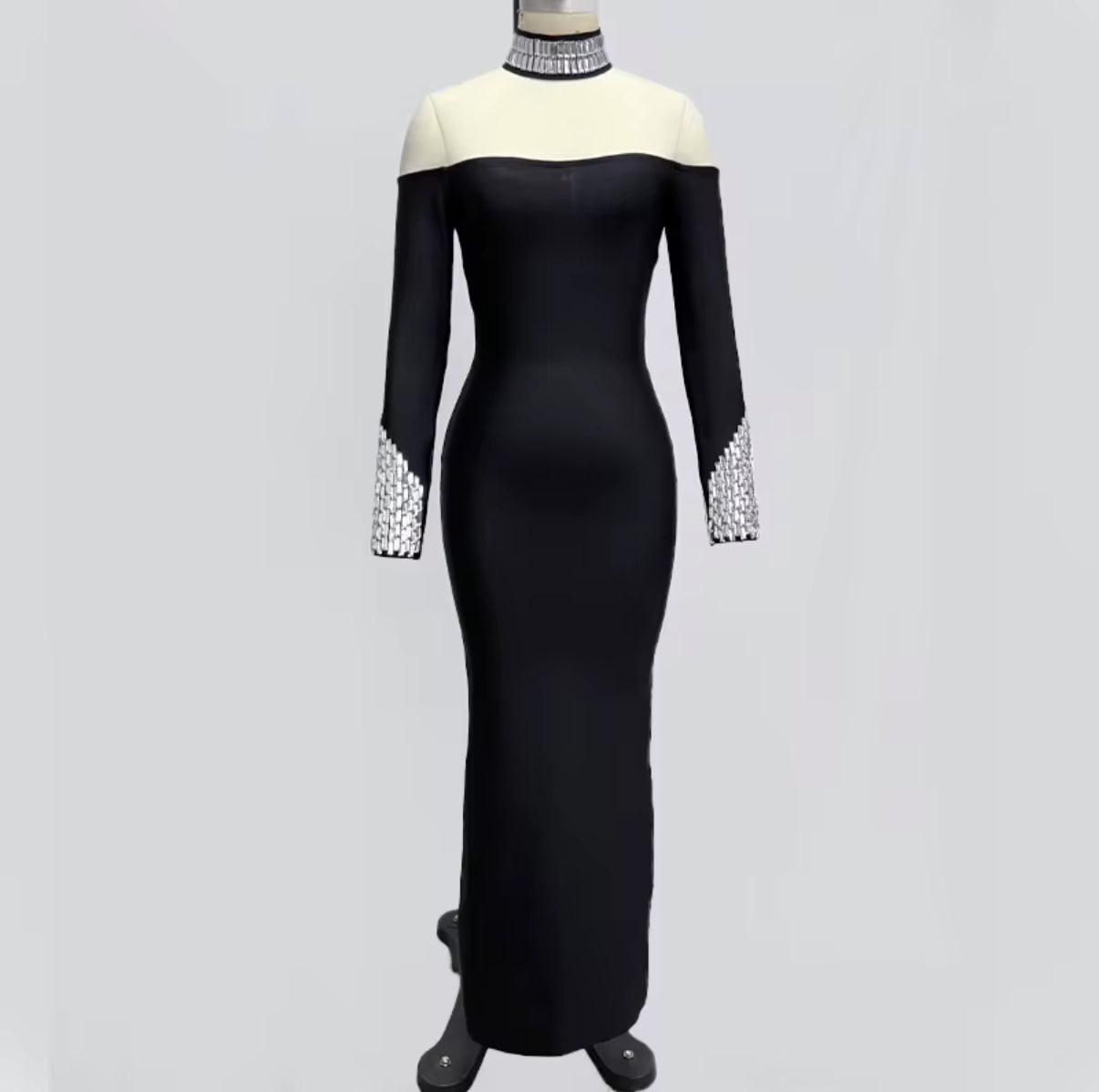 Black off-shoulder dress with crystal-embellished sleeves