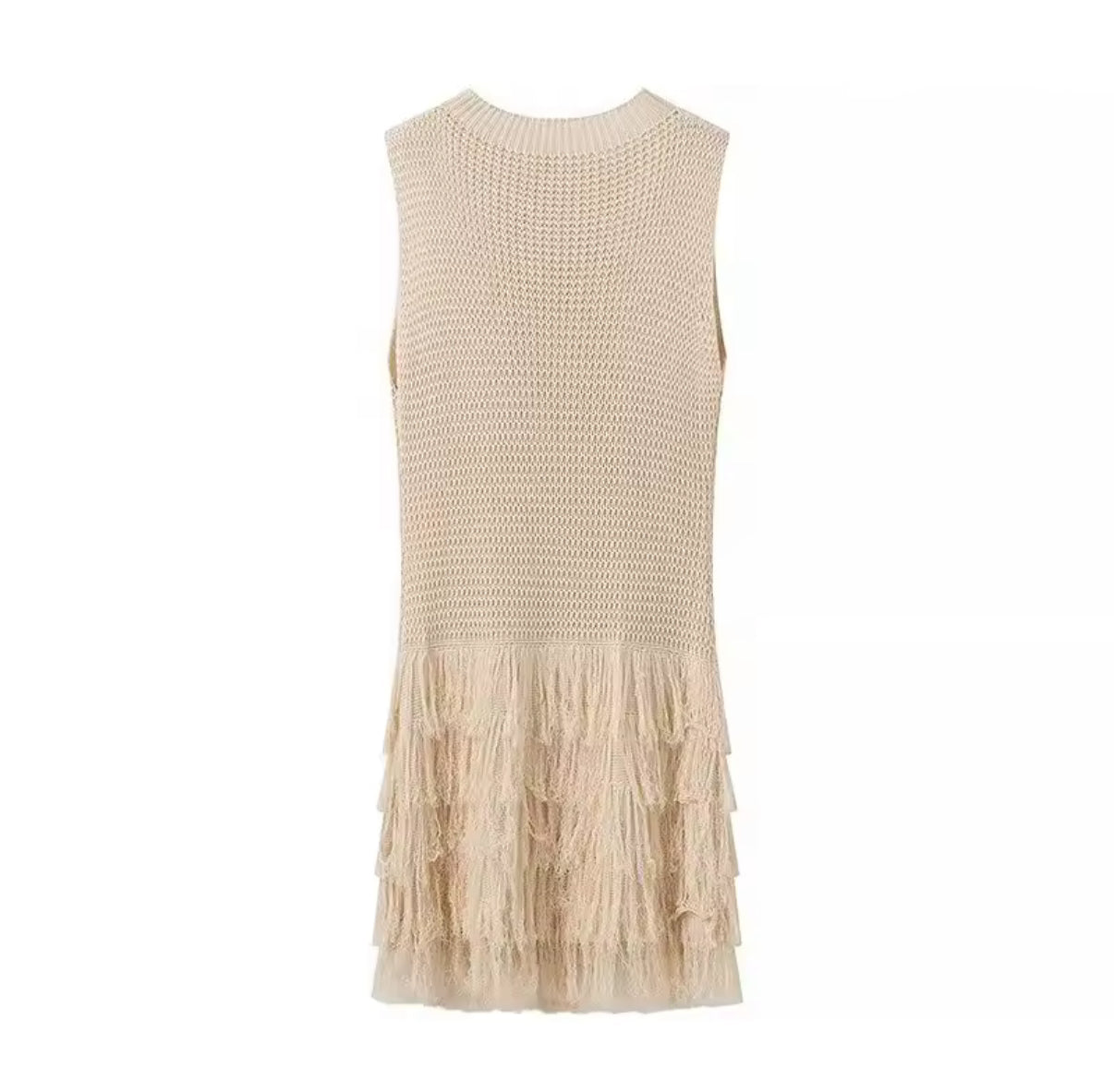 Beige knit mini dress with layered fringe hem