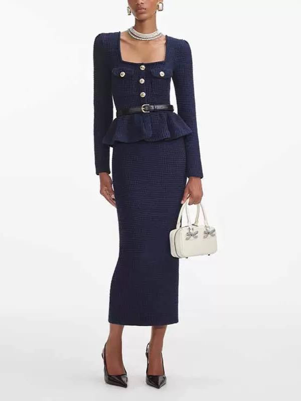 Textured Knit Peplum Cardigan & Fitted Maxi Skirt Set in Midnight Navy