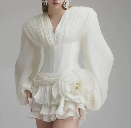 voluminous sleeves dress with oversized floral detail